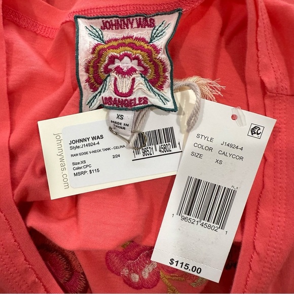 Johnny Was XS Embroidered Celina Tank Top Raw Edge V-Neck Peacock Floral Coral - Picture 12 of 13